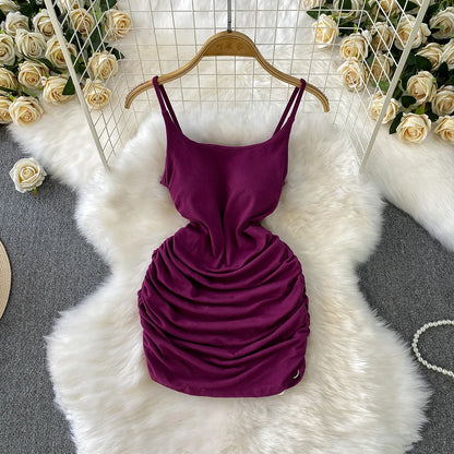 Spaghetti Strap Pleated Temperament Mini Dresses