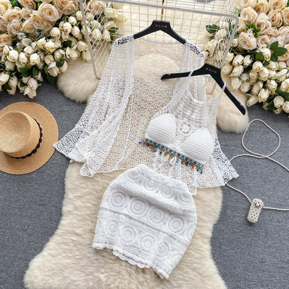 Halter Sleeveless Mini Camis + Hollow Out Cardigan + Elastic Waist Slim Skirt Vintage Swim Sets