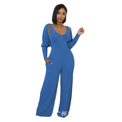 Trendy Solid Color Elastic Wide Leg Jumpsuits (2pcs.)