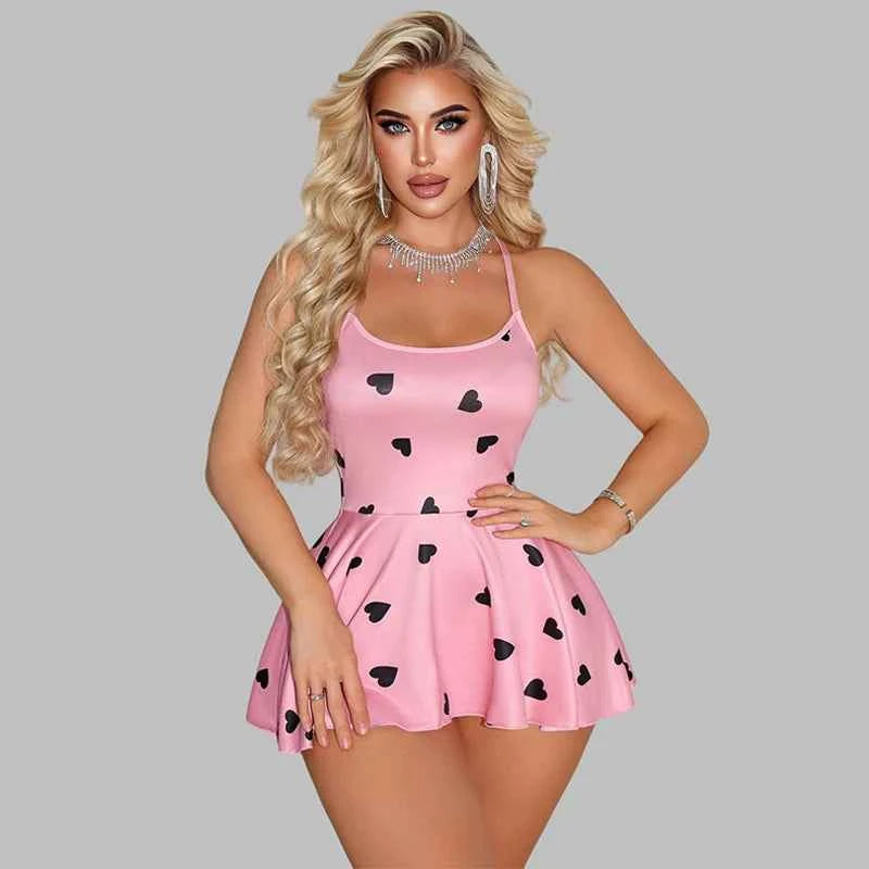 Spaghetti Strap A Line Dress Sweet Summer Heart Print Pink Nightgown