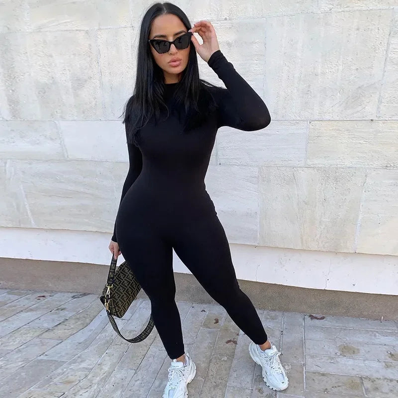Long sleeve skiing jumpsuit women elastic hight outfit fashion fitness sportswear slim rompers streetwear