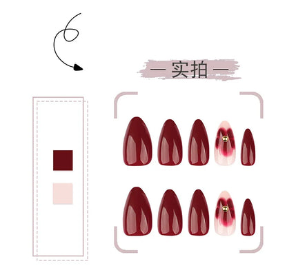 24pcs Women'S Nail Set Burgundy Almond Shape Medium Length Solid Color with Floral Golden Dust Design Fake Nails for Women/Girls