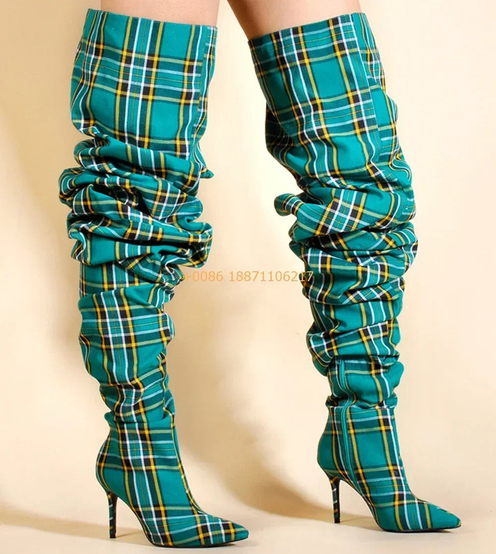 Plaid Over Knee Pointed Model Catwalk Stilettos Boots