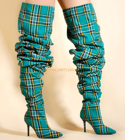 Plaid Over Knee Pointed Model Catwalk Stilettos Boots