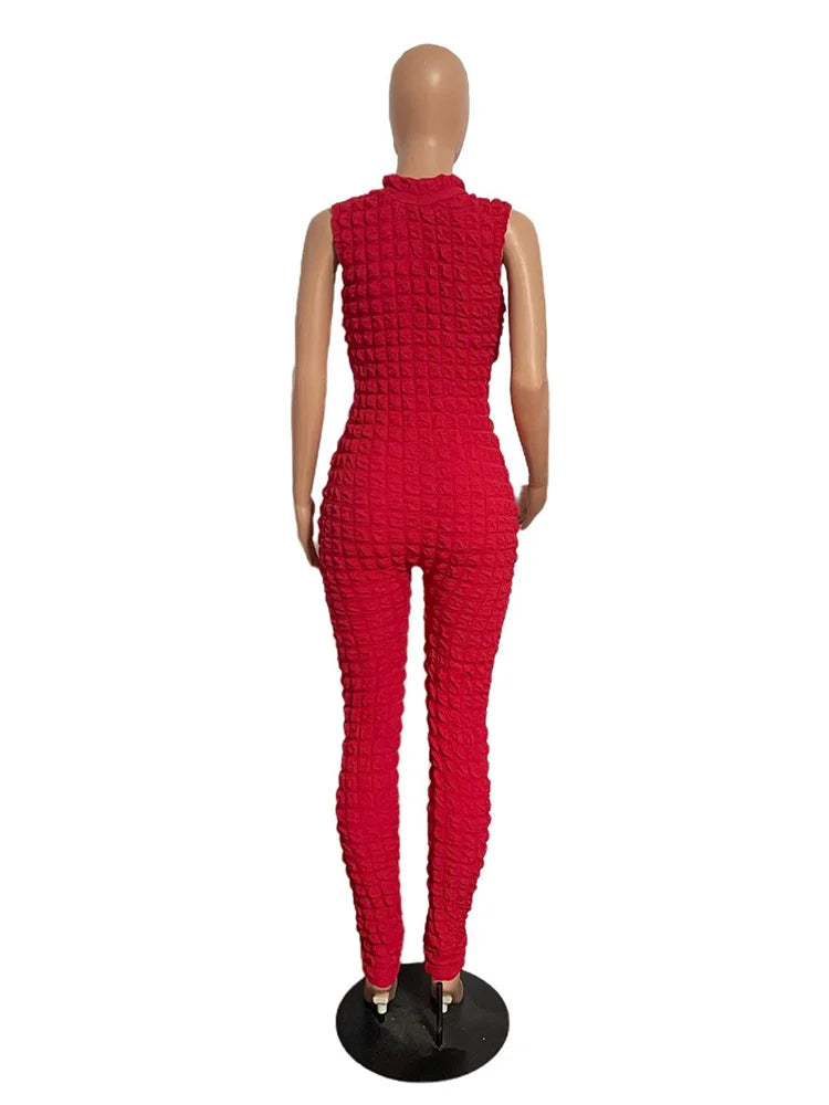 Sleeveless Popcorn Bubble Fabric Front Zipper Jumpsuits