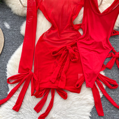 Split Swimwear Long Sleeves Hollow Out Mini Dress + Lace Up Bodysuits Sheer Vacation Bikini Sets