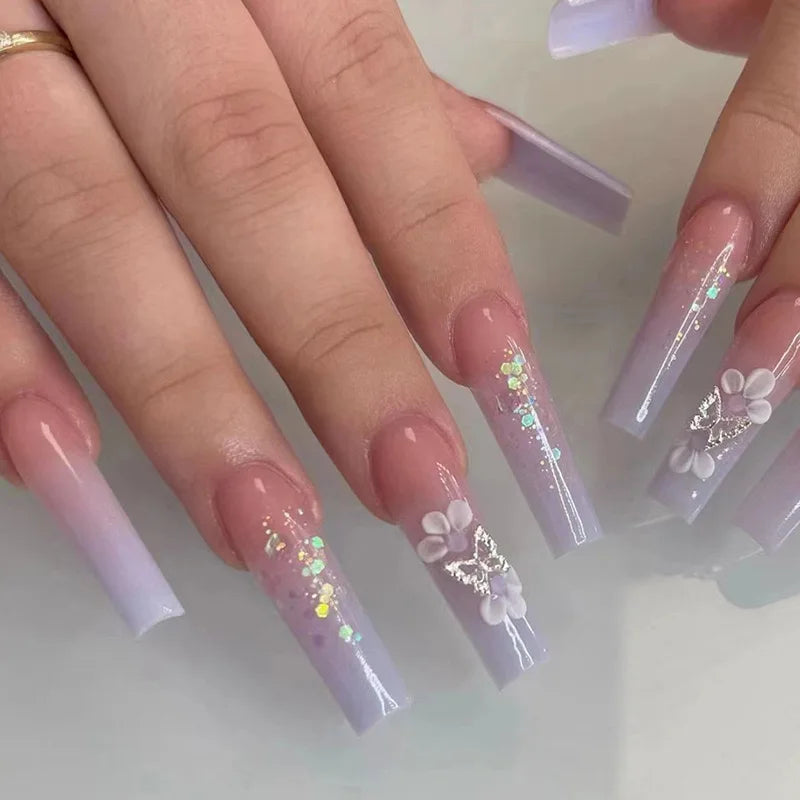 24Pcs Gold French Border False Nails Long Coffin False Nails with Rhinestones Ballerina Full Cover Nail Tips Press on Nails