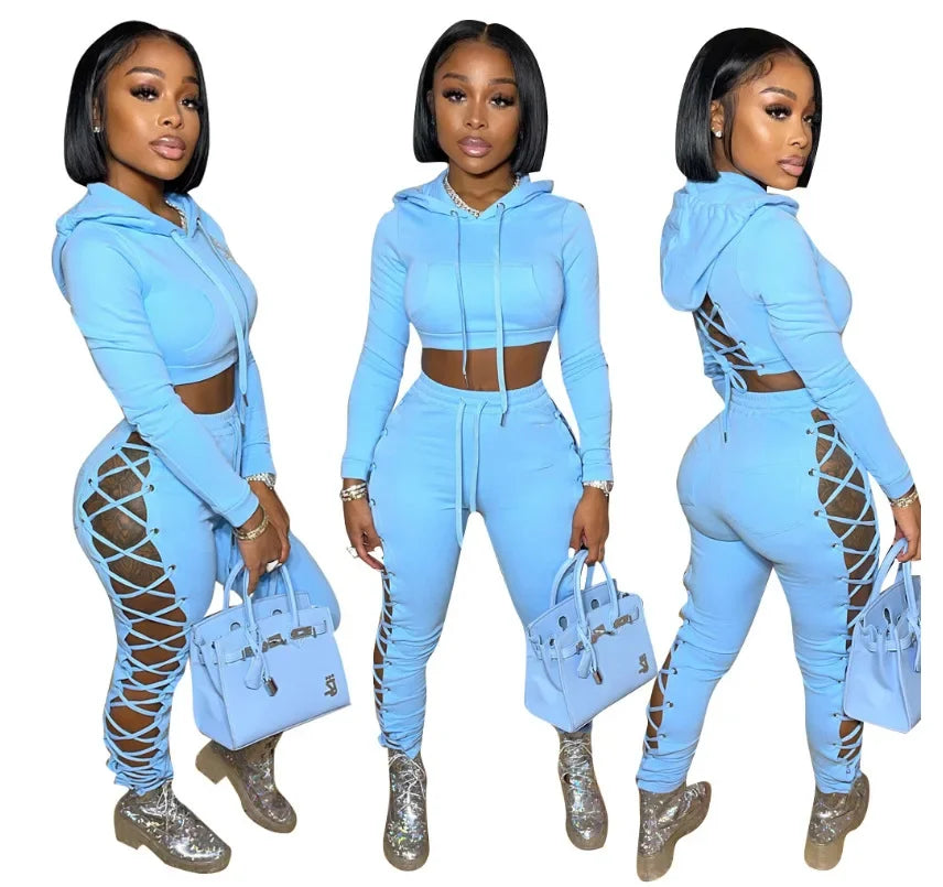 Cross-Border Tied Tops + Pants Hollow Sets(2 Piece Set)