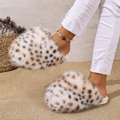 Faux Fur Leopard Pattern Soft Sole Indoor Ladies Shoes