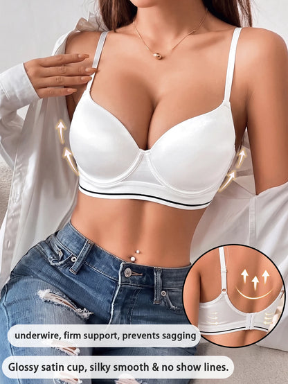 Underwire Push-Up Bra Glossy Satin U-Back Support Adjustable Straps Anti-Sagging Everyday Lingerie