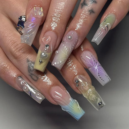 24Pcs Pink Butterfly Design False Nails Extra Long Coffin Fake Nails Wearable French Ballet Press on Nails Full Cover Nail Tips