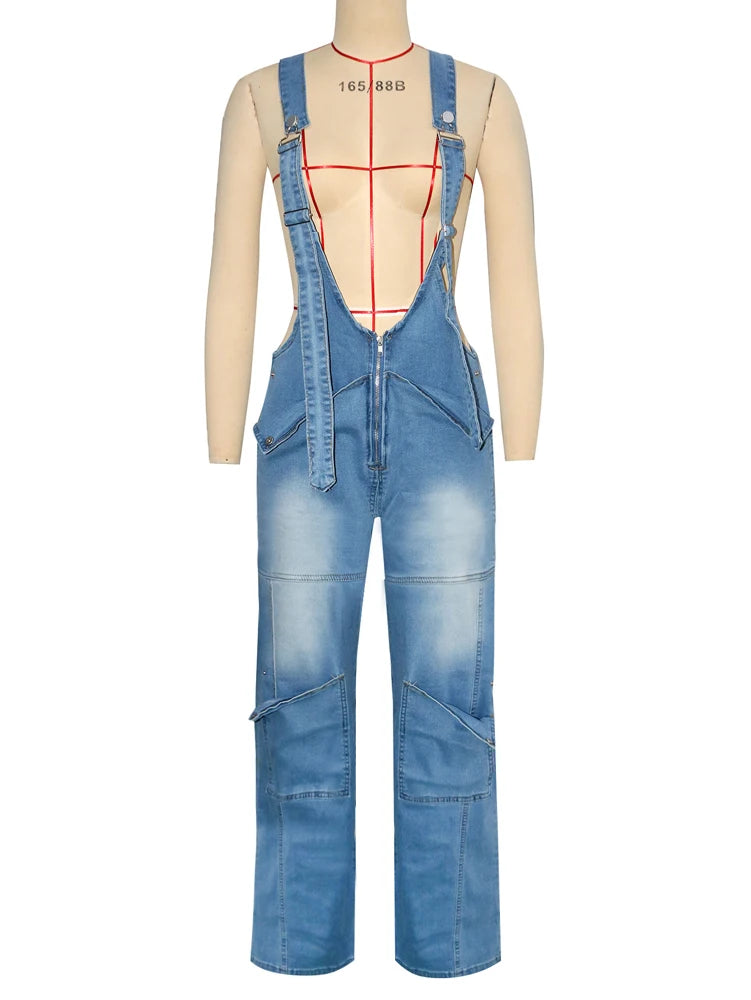 Loose High Waisted Zipper Denim Cargo Jumpsuits