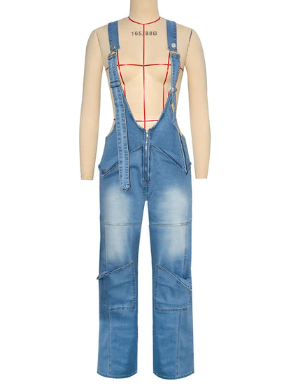 Loose High Waisted Zipper Denim Cargo Jumpsuits