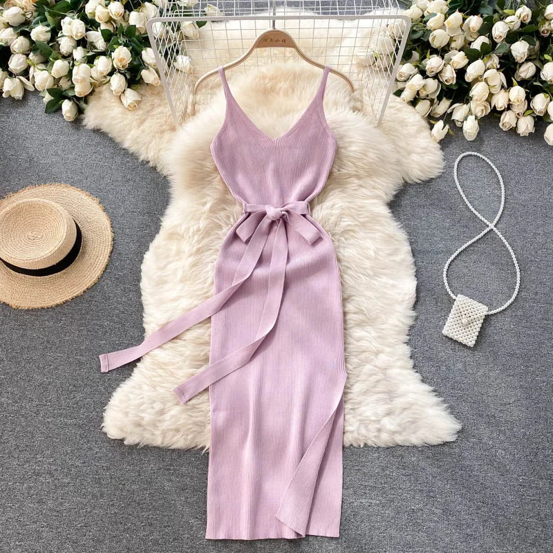 Chic Split Knitted Elastic Bodycon Dresses Streetwear