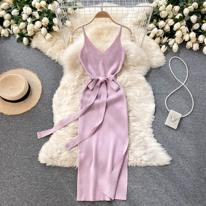 Chic Split Knitted Elastic Bodycon Dresses Streetwear