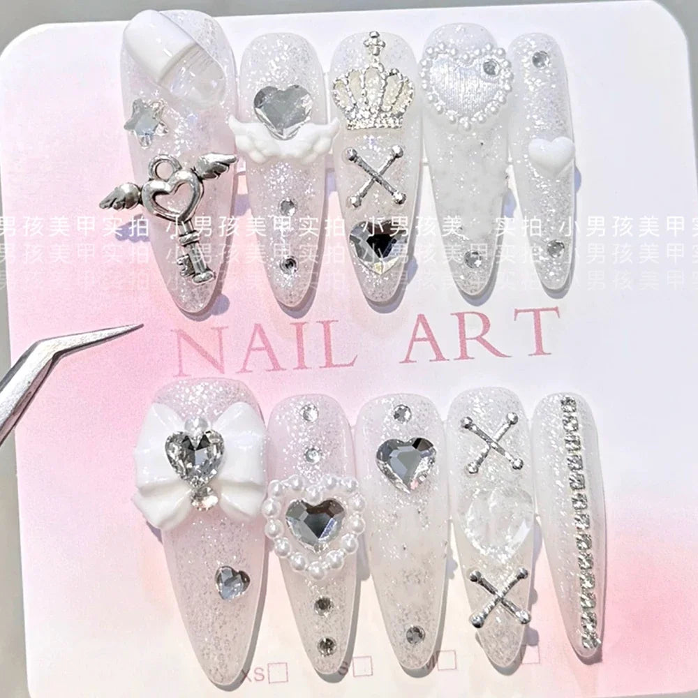 10Pcs Luxury Court Handmade Long Stiletto Full Cover Nails 3D Spice Girl Sparkling Diamond Bow Pearl Flowers Wearable Fake Nails