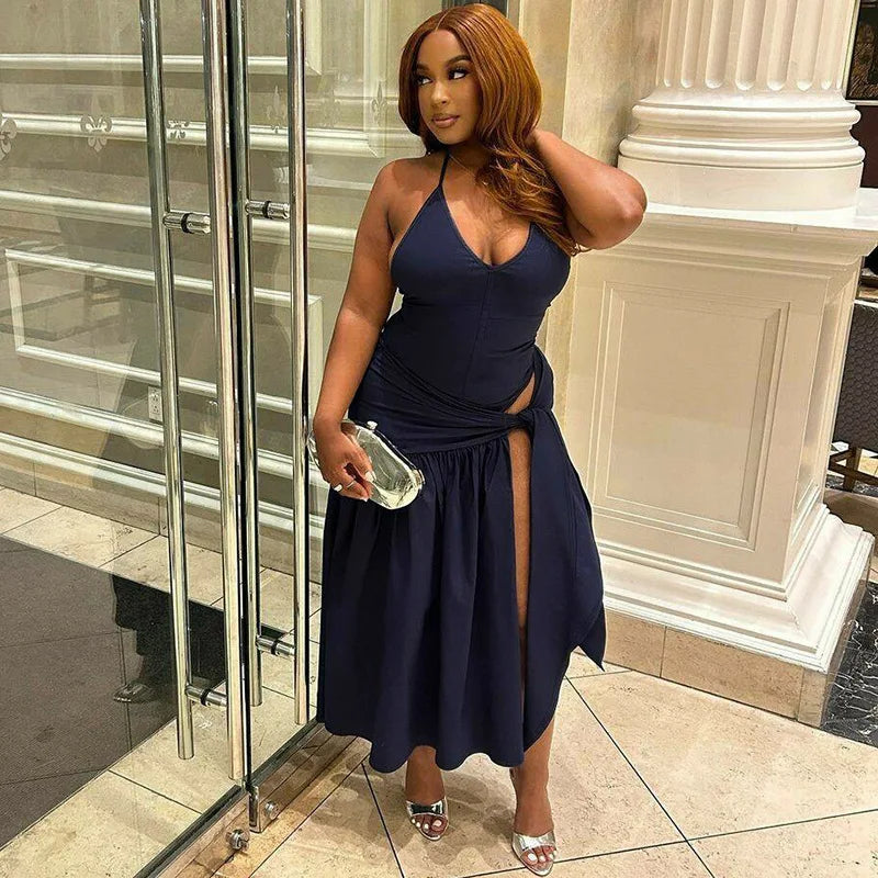 Elegant Halter Bodysuits Tie Up Maxi Skirts Matching Outfits