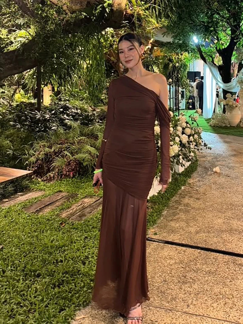 Oblique Shoulder Long Sleeve Maxi Dresses