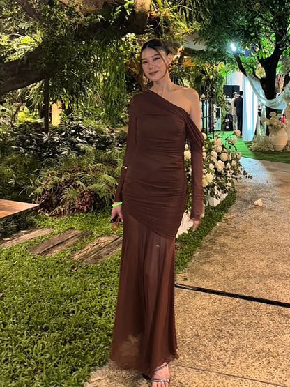 Oblique Shoulder Long Sleeve Maxi Dresses