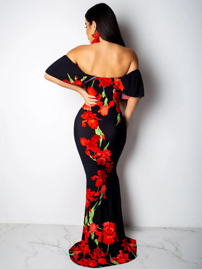 Rose Sunflower Floral Print Strapless  Bodycon Slash Neck Off Shoulder Short Sleeve Polyester Xtra Maxi Dress