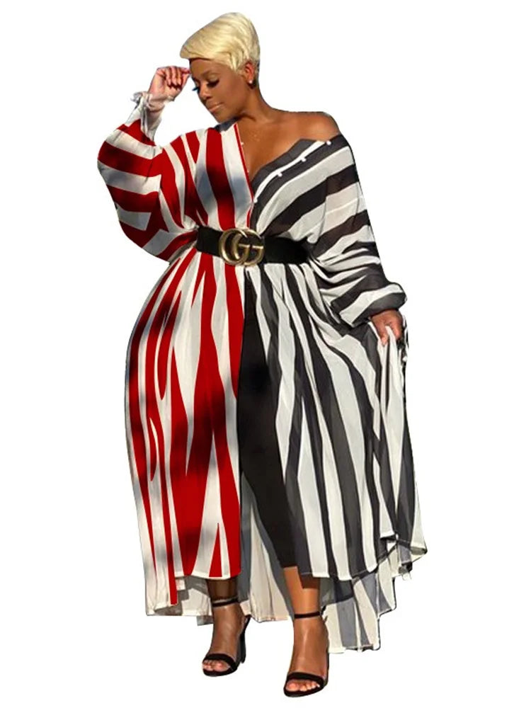 Kemi Striped Loose Button Long Sleeve Maxi Shirts Dress