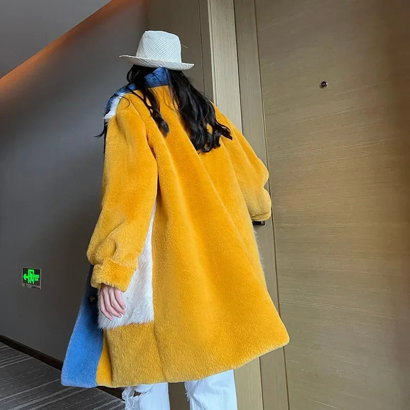 Winter Faux Fur Jackets for Women Furry Warm Splicing Contrast Color Blue Faux Fur Coat Long Jacket Cardigan Women