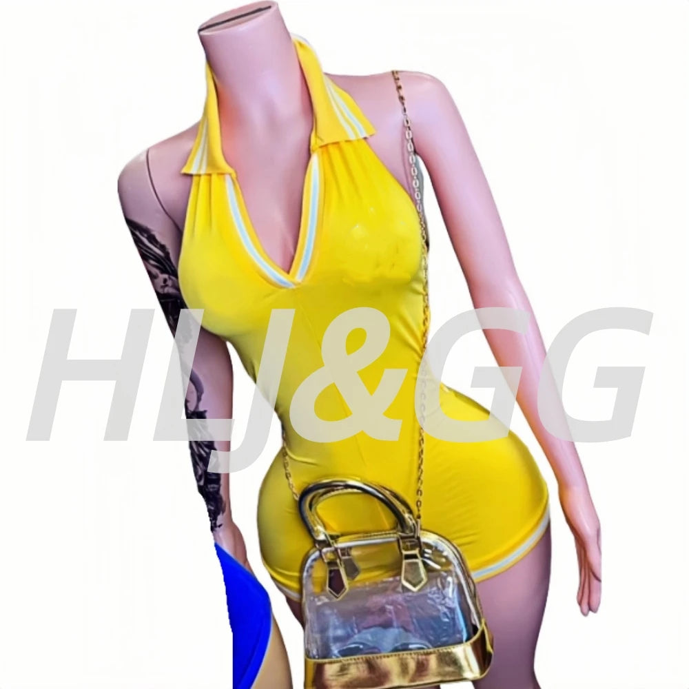 Stripe Halter Lapel Sleeveless Backless Bodycon Jumpsuits