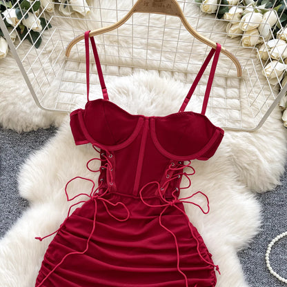 Strapless Lace Up Hollow Out Design Pleated Bodycon Dresses