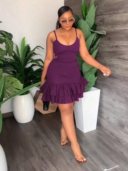 European and American Fashion Sling Low-cut Ruffled Mini Dress