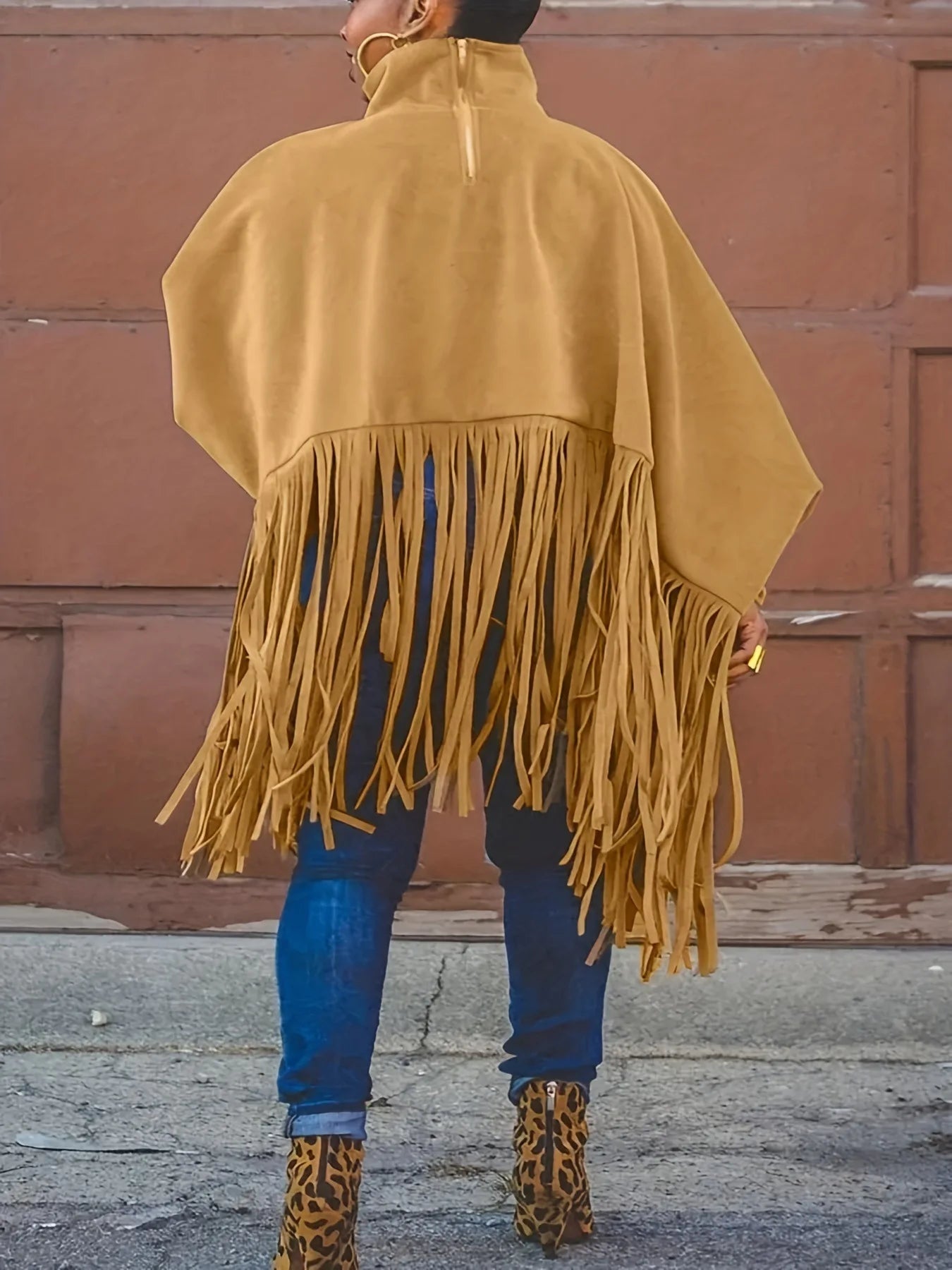 Ginger Loose Retro Solid Tassel Pullover High Neck T-shirt