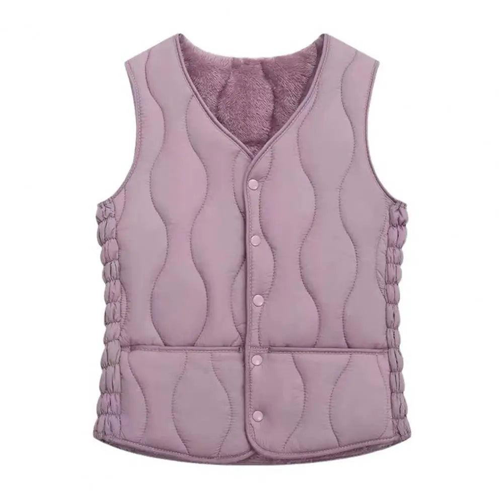 Button Closure Round Neck Sleeveless Solid Color Windproof Heat Retention Outdoor Coat Cotton Vest