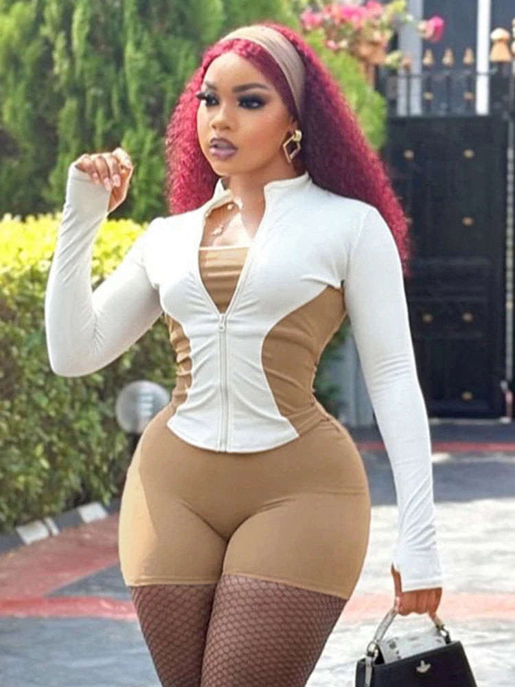 Daily Contrast Patchwork Full Sleeve Jacket+Shorts Simple Sporty Street Outfits