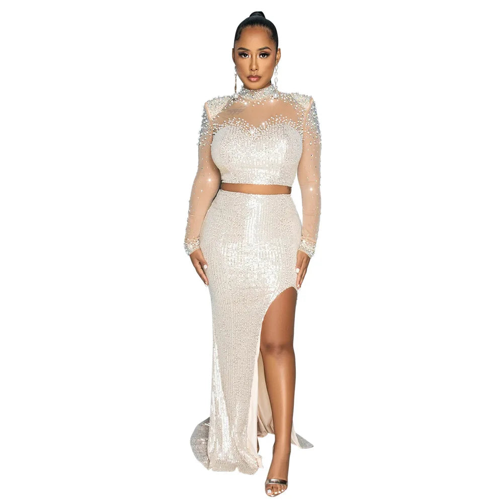 Yandy Sequin Long Sleeve O-neck Long Skirts Sets