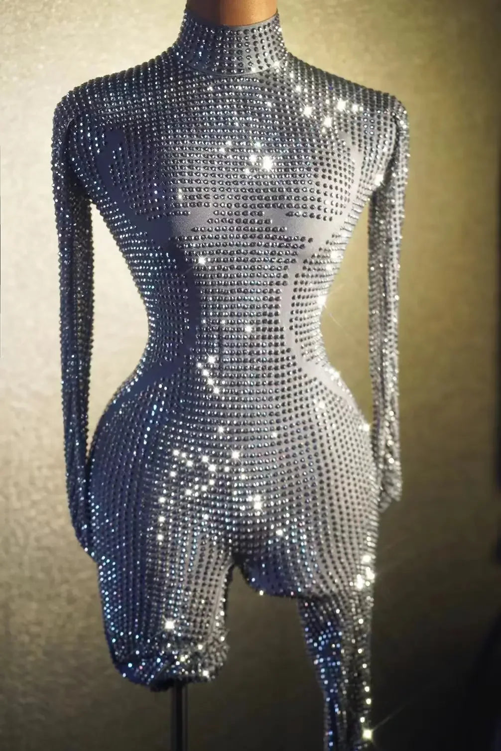 Feria Sparkly Long Sleeve Crystal Rompers Bodycon Bodysuits Stage Performance One Piece Jumpsuits