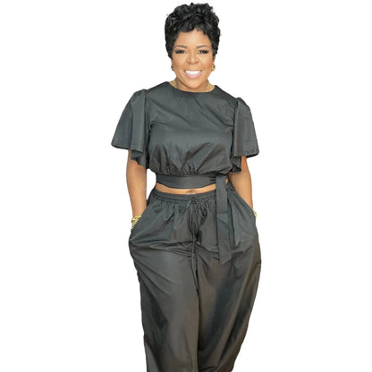 O-neck Belt Short Flare Sleeve Crop Top + Pants Suits (2 pcs.)