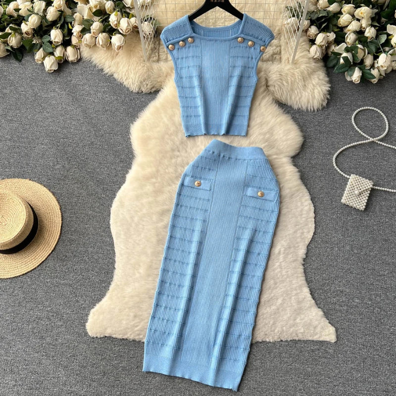 Knitted 2 Pcs. Buttons Crop Top Tanks + Slit Midi Skirt Set