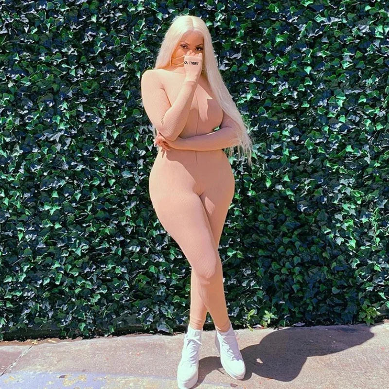 Zipper Jumpsuit Women Embroidery Letter Print Workout Sportswear Female Outfit Skinny Solid Turtleneck Streetwear