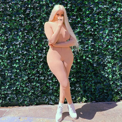 Zipper Jumpsuit Women Embroidery Letter Print Workout Sportswear Female Outfit Skinny Solid Turtleneck Streetwear