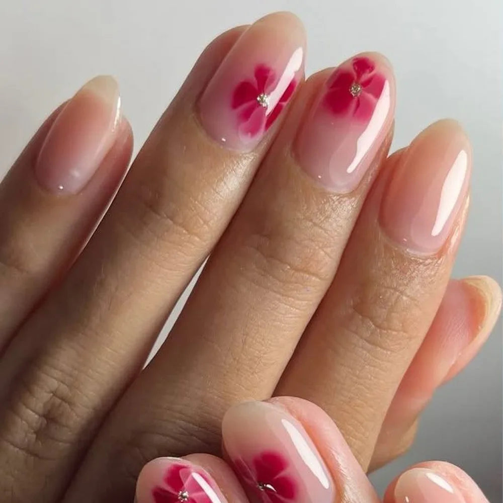 24Pcs Autumn Winter Matte Almond False Nails with Glue Rose Leaf Printing Nail Art Simple Full Cover Press on Acrylic Nails Tips