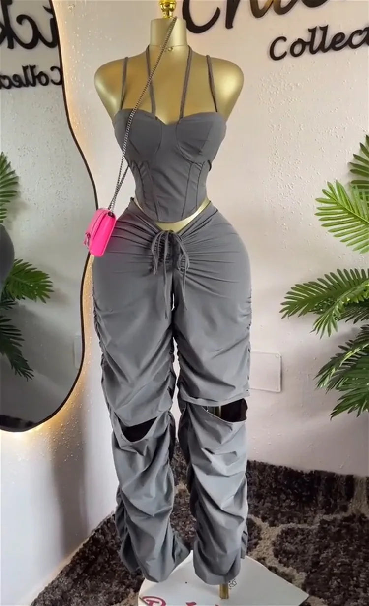 Strap Tunic Crop Tops + Stacked Ruched Pant Sets