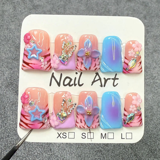 10pcs Handmade Fake Nails Duckbill Shaped Press On Nails Colorful Leopard-print French False Nails With 3D Carved Flower Designs