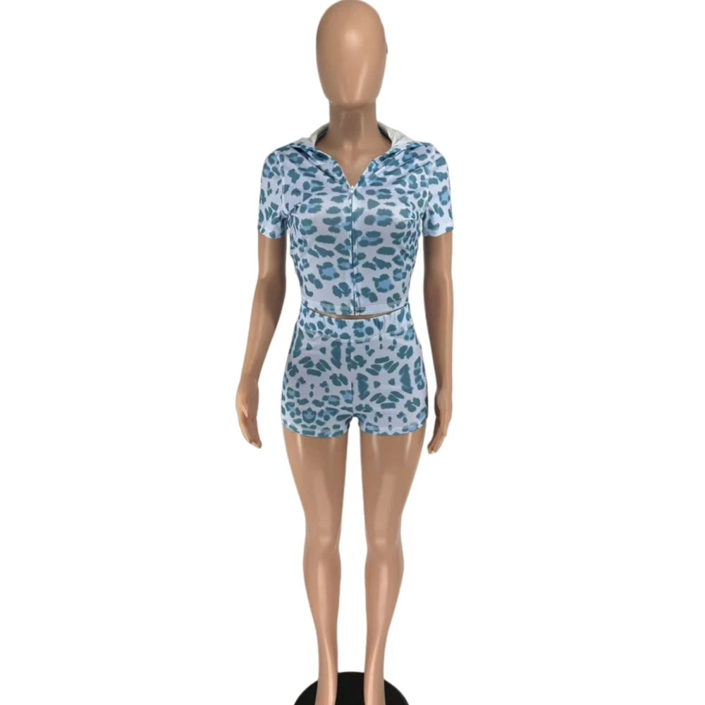 Leopard Short Sleeve Crop Top + Short Sets
