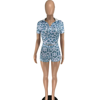Leopard Short Sleeve Crop Top + Short Sets