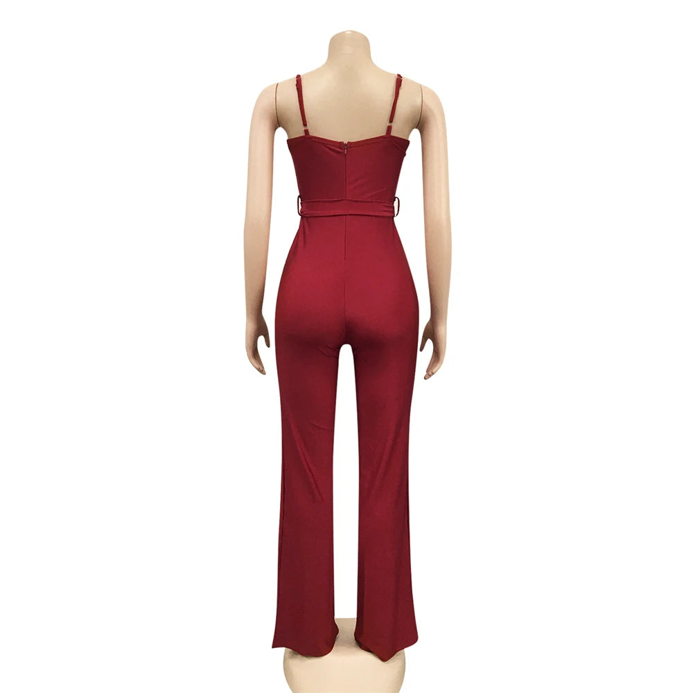 Rachel High Waisted Wide Leg Pants One Piece Sleeveless Jumpsuit with Belt