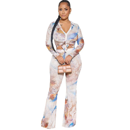 Tie Dye Long Sleeve Lace-up Shirts + Flared Pants Sets
