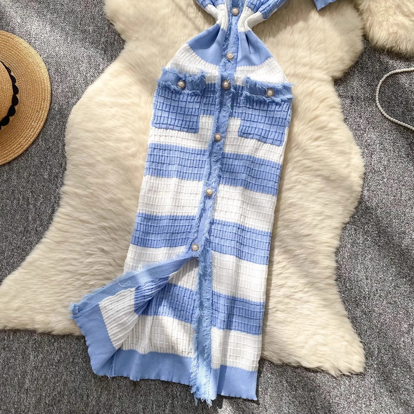 Chic Knitted Slim Waist Office Lady Sweater Maxi Dresses