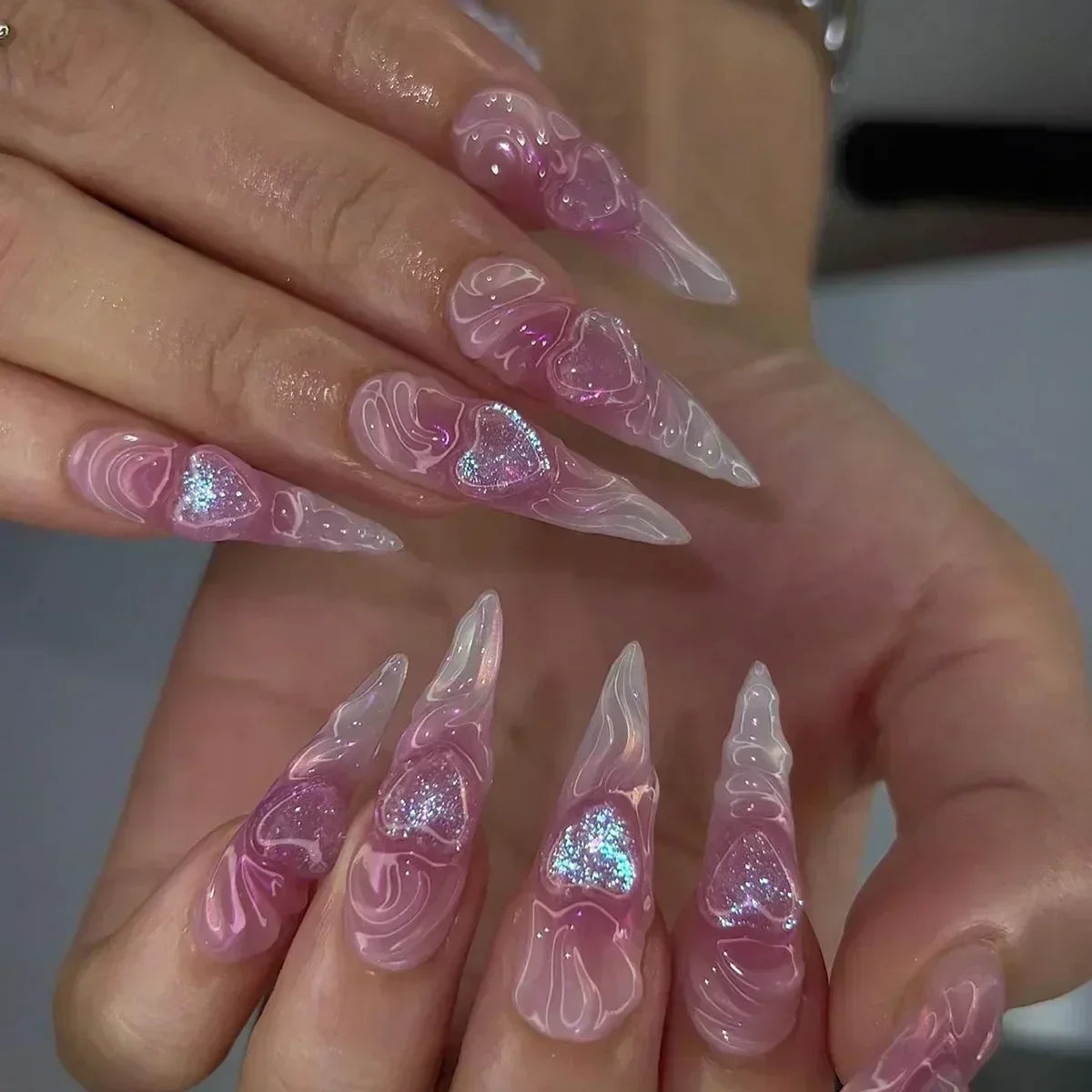 24Pc Long Stiletto Press on Nails Cherry Pink French False Nails with 3D Bow Pearls Design Detachable Acrylic Fake Nail Art Tips