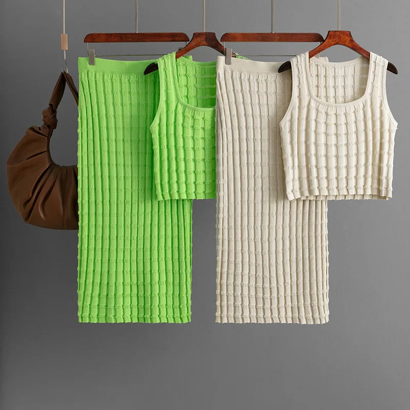 Knit Long Skirts + Straight Casual Spliced Round Neck Vest Sleeveless Tanks Sets