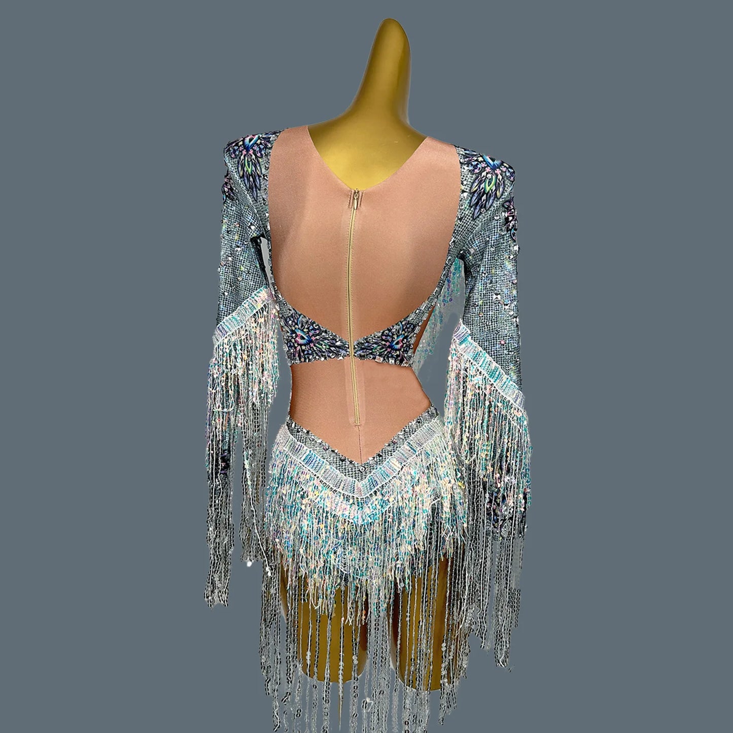 Rhinestone Sequins Tassel Dance Bodysuit Stretch Dance Fringes Jumpsuit