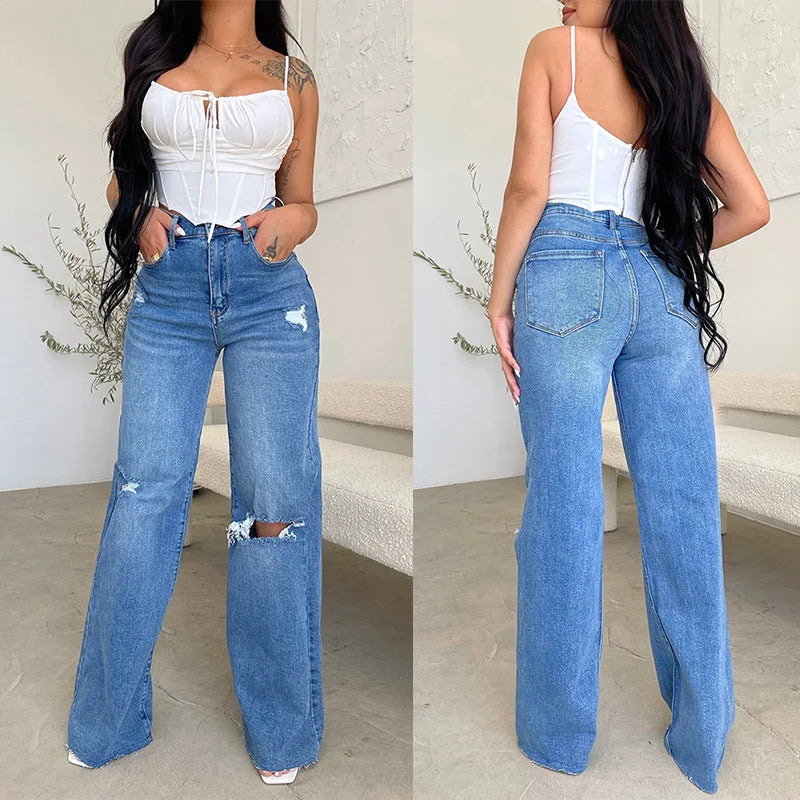 Joan's Wide Leg Pants Denim High Waist Zipper Fly Washing Holes Pockets High Street Jeans